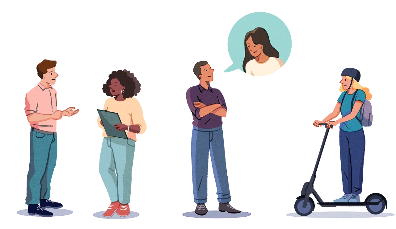 WeaversやInventorsがそれぞれ、会話や考えごとをしたり、プロトタイプに乗っているイラスト。