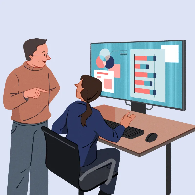 モニターに映し出されているデータを元に会話している2人のイラスト。