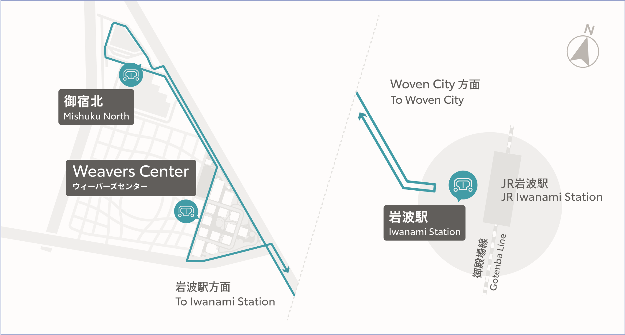 Map showing the free shuttle bus route that travels to the Mishuku North entrance, Welcome Center entrance, and Iwanami station