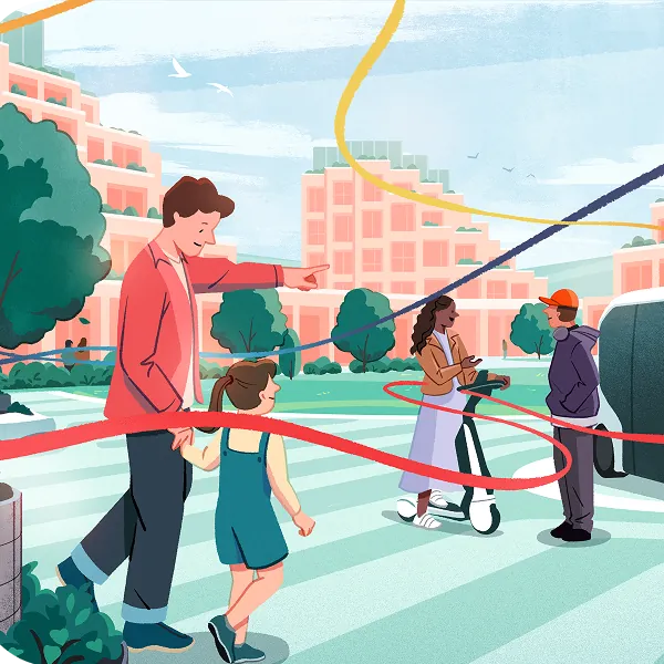 Illustration of people in Woven City with colorful threads weaving people and the city together