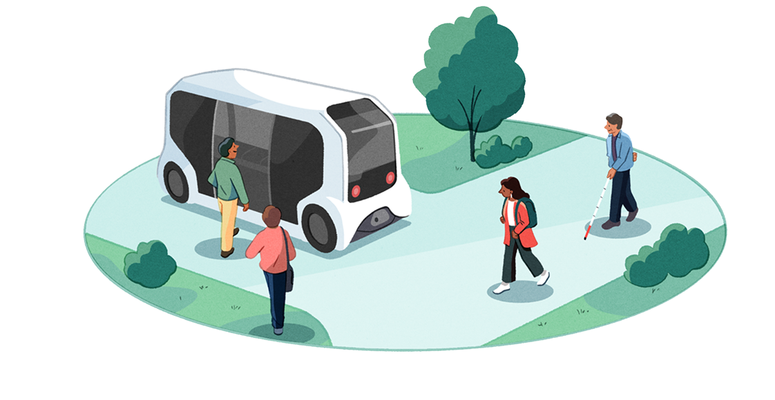 Illustration of different people walking around or preparing to board an e-Palette