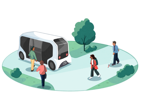 Illustration of different people walking around or preparing to board an e-Palette