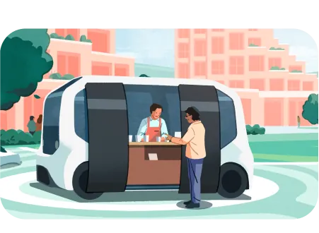 Illustration of a person getting food and drinks from an e-Palette shop