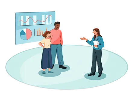 Illustration of people having a discussion with various charts behind them