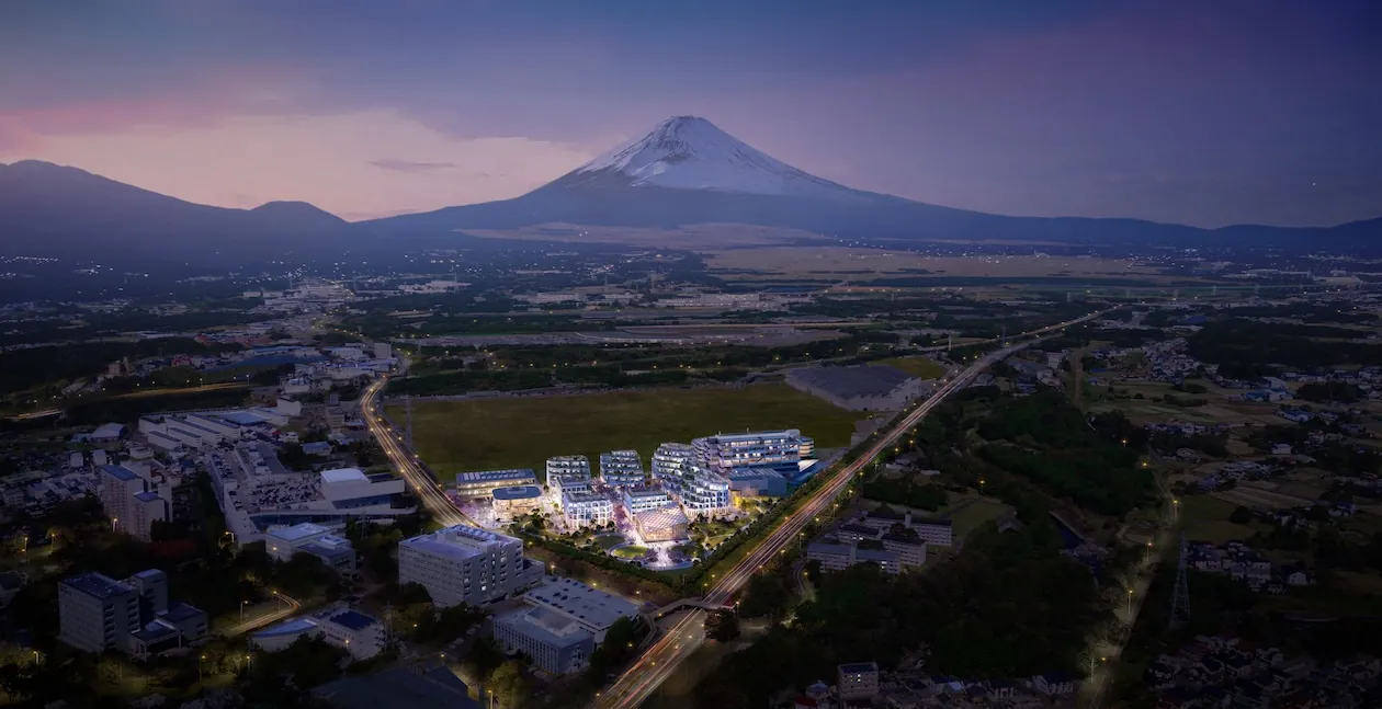 Concept image of a zoomed out view of Woven City at sunset.